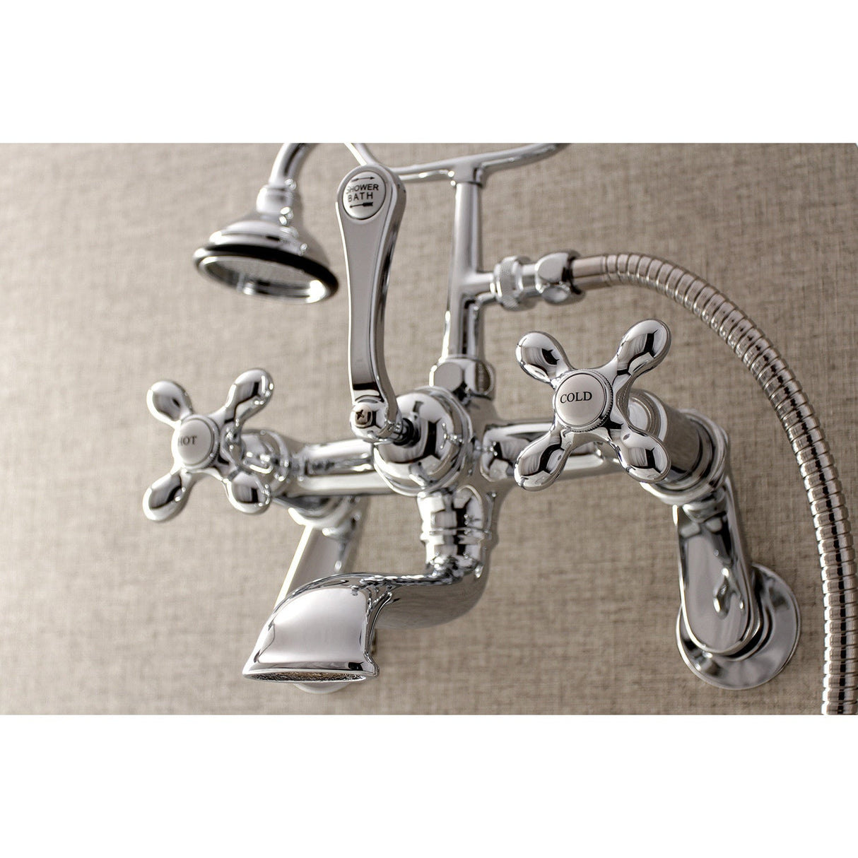 Aqua Vintage AE58T1 Three-Handle 2-Hole Tub Wall Mount Clawfoot Tub Faucet with Hand Shower, Polished Chrome