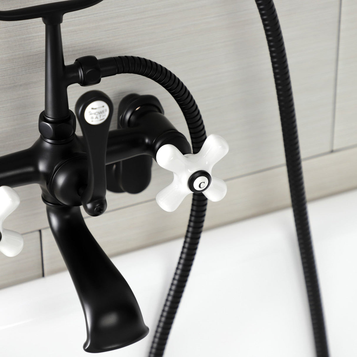 Aqua Vintage AE59T0 Three-Handle 2-Hole Tub Wall Mount Clawfoot Tub Faucet with Hand Shower, Matte Black