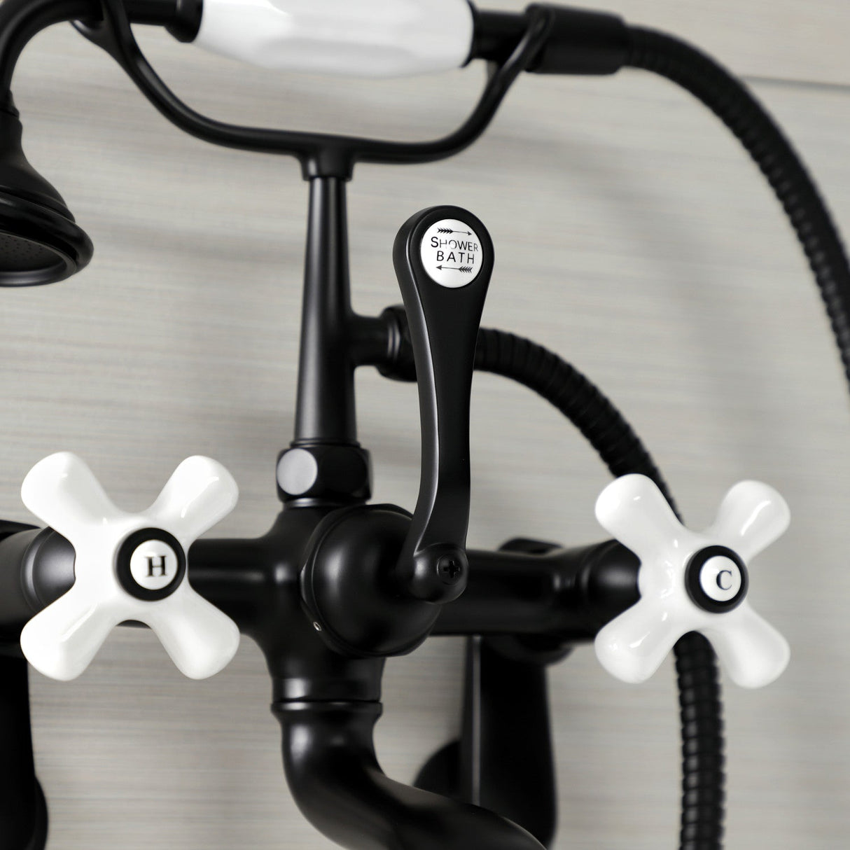 Aqua Vintage AE59T0 Three-Handle 2-Hole Tub Wall Mount Clawfoot Tub Faucet with Hand Shower, Matte Black