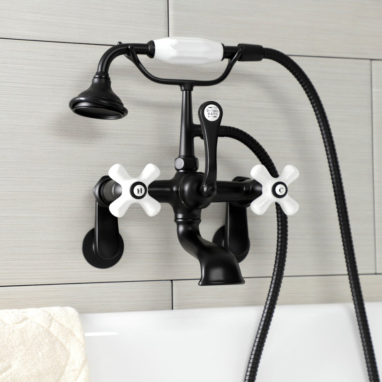 Aqua Vintage AE59T0 Three-Handle 2-Hole Tub Wall Mount Clawfoot Tub Faucet with Hand Shower, Matte Black