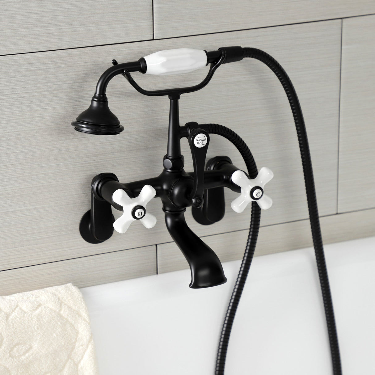 Aqua Vintage AE59T0 Three-Handle 2-Hole Tub Wall Mount Clawfoot Tub Faucet with Hand Shower, Matte Black