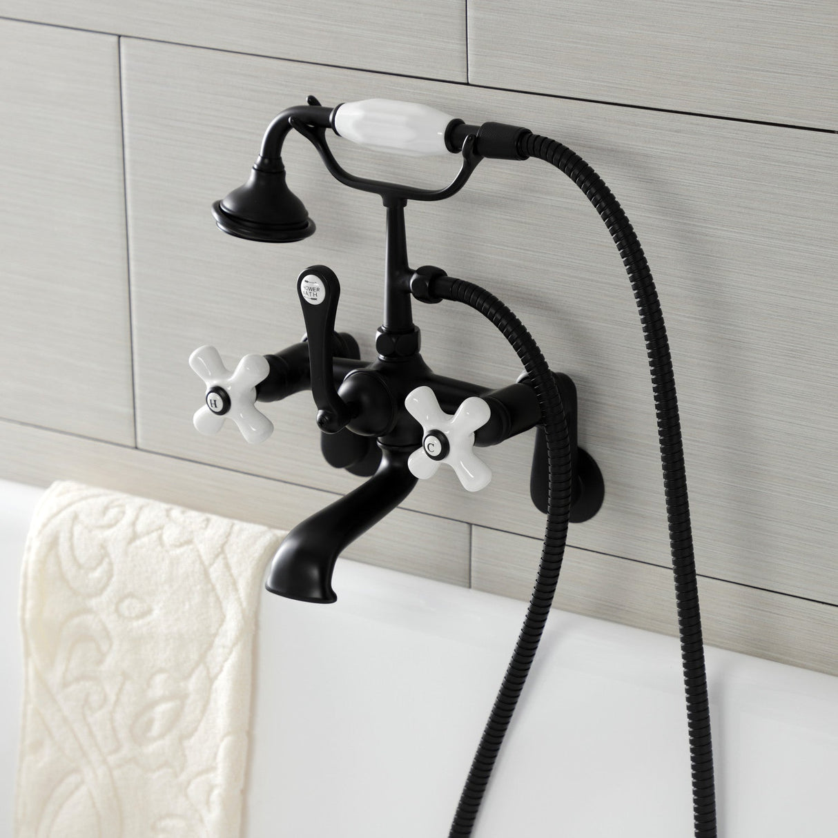 Aqua Vintage AE59T0 Three-Handle 2-Hole Tub Wall Mount Clawfoot Tub Faucet with Hand Shower, Matte Black