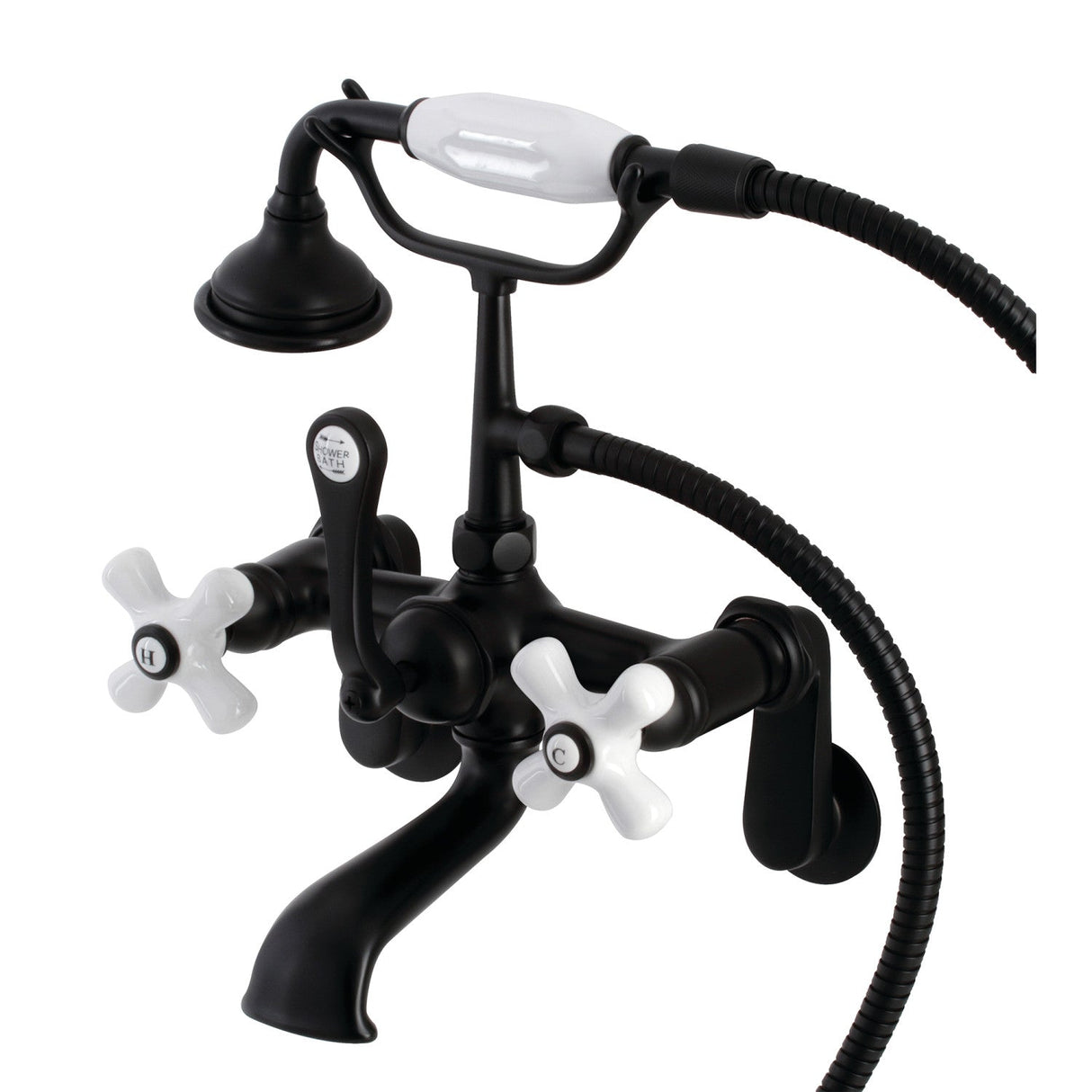 Aqua Vintage AE59T0 Three-Handle 2-Hole Tub Wall Mount Clawfoot Tub Faucet with Hand Shower, Matte Black