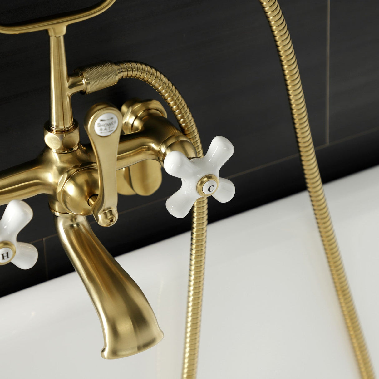 Aqua Vintage AE59T7 Three-Handle 2-Hole Tub Wall Mount Clawfoot Tub Faucet with Hand Shower, Brushed Brass