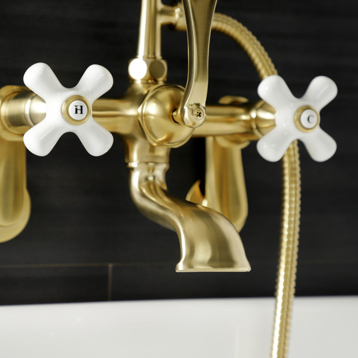 Aqua Vintage AE59T7 Three-Handle 2-Hole Tub Wall Mount Clawfoot Tub Faucet with Hand Shower, Brushed Brass