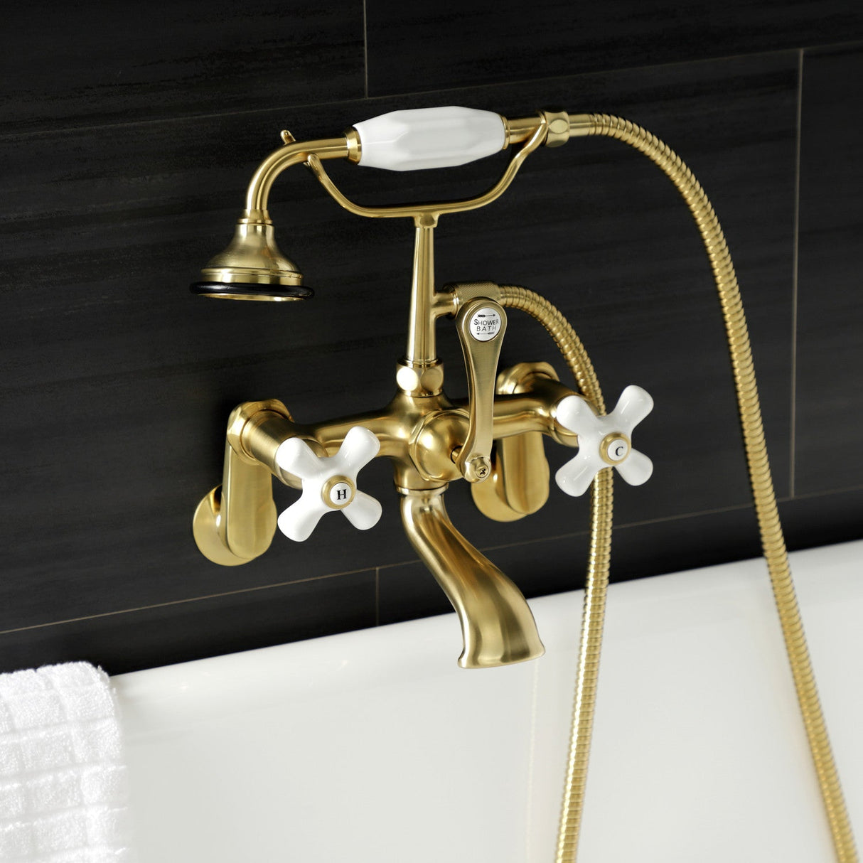 Aqua Vintage AE59T7 Three-Handle 2-Hole Tub Wall Mount Clawfoot Tub Faucet with Hand Shower, Brushed Brass