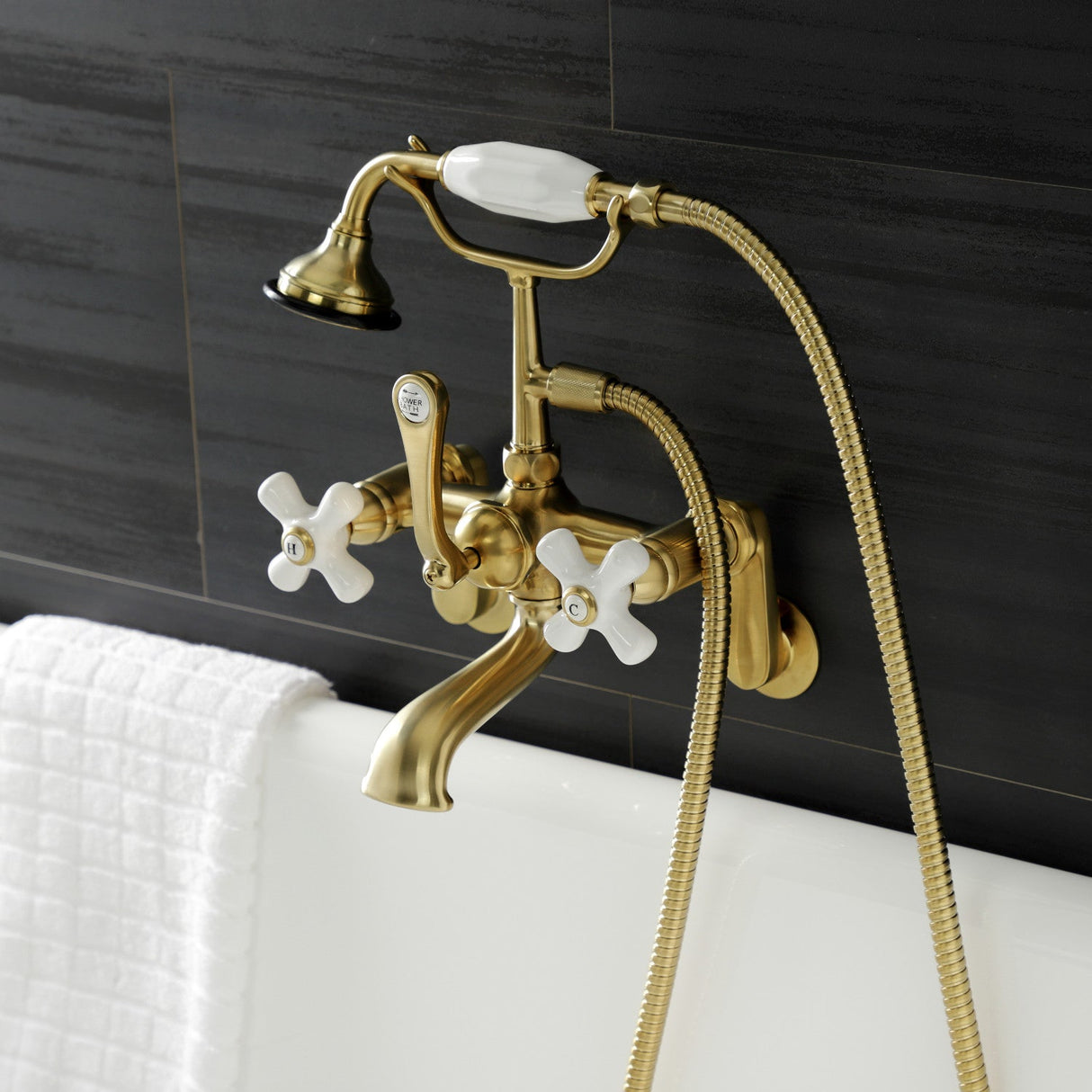 Aqua Vintage AE59T7 Three-Handle 2-Hole Tub Wall Mount Clawfoot Tub Faucet with Hand Shower, Brushed Brass