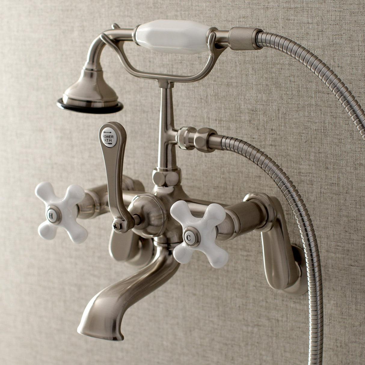 Aqua Vintage AE59T8 Three-Handle 2-Hole Tub Wall Mount Clawfoot Tub Faucet with Hand Shower, Brushed Nickel