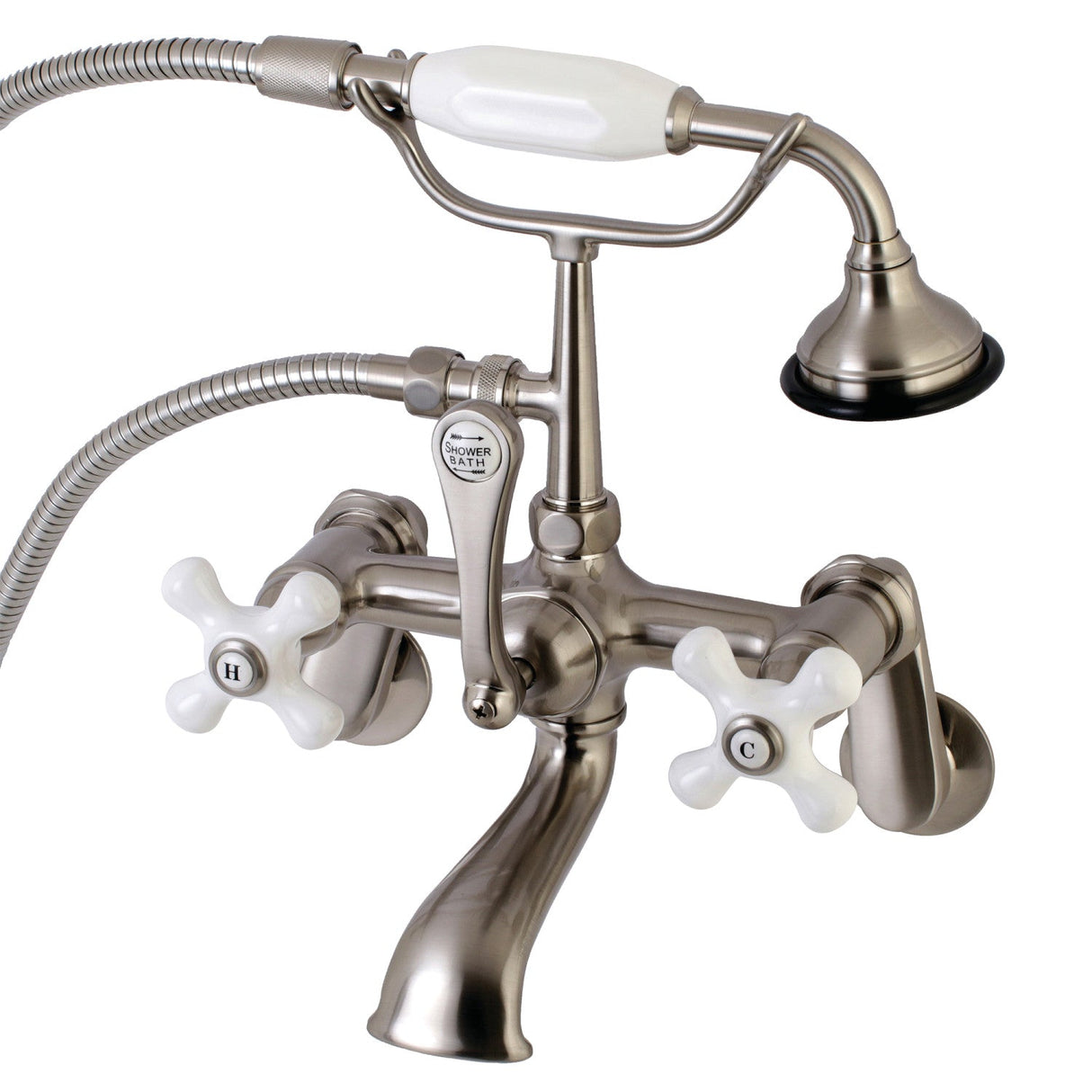 Aqua Vintage AE59T8 Three-Handle 2-Hole Tub Wall Mount Clawfoot Tub Faucet with Hand Shower, Brushed Nickel
