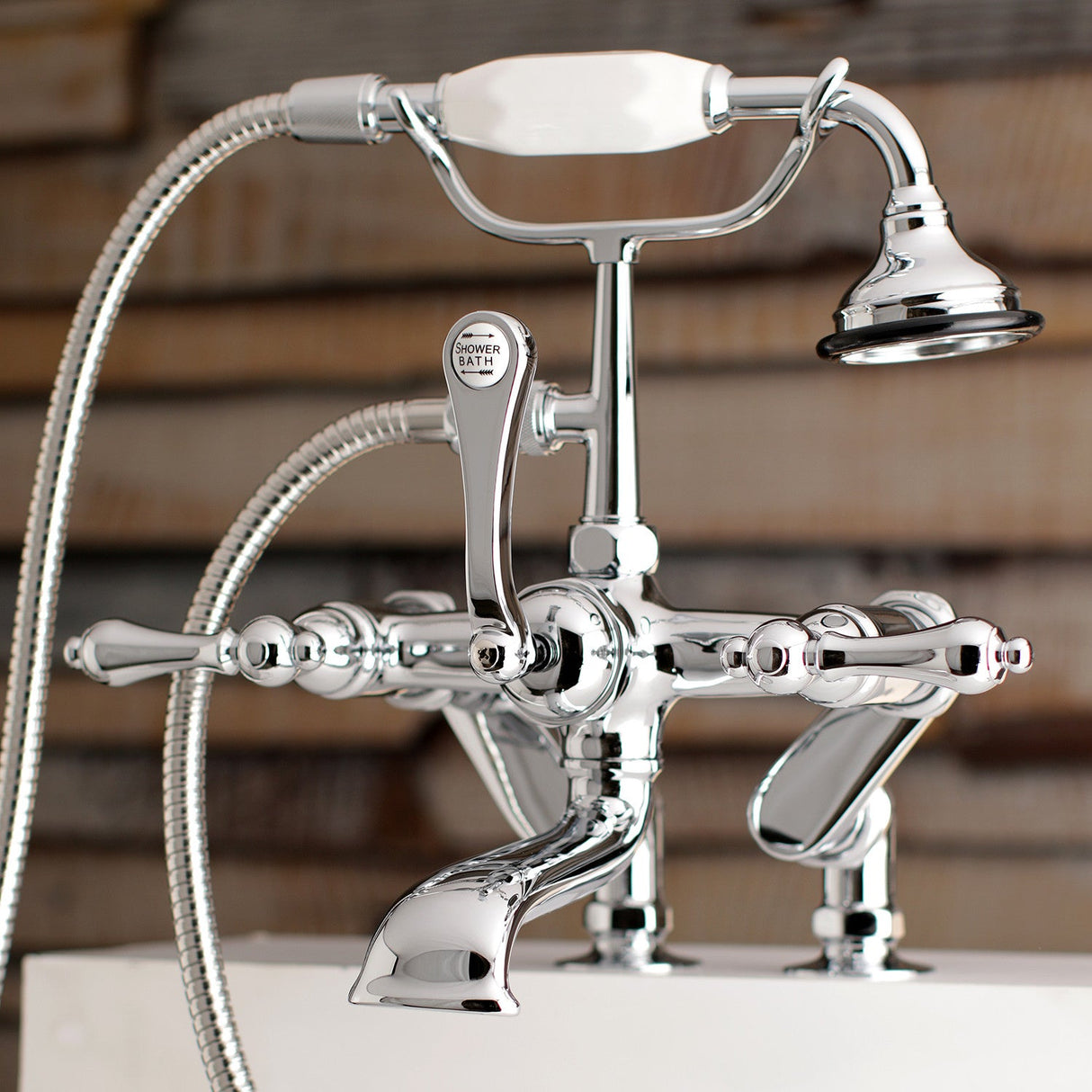 Vintage AE652T1 Three-Handle 2-Hole Deck Mount Clawfoot Tub Faucet with Hand Shower, Polished Chrome