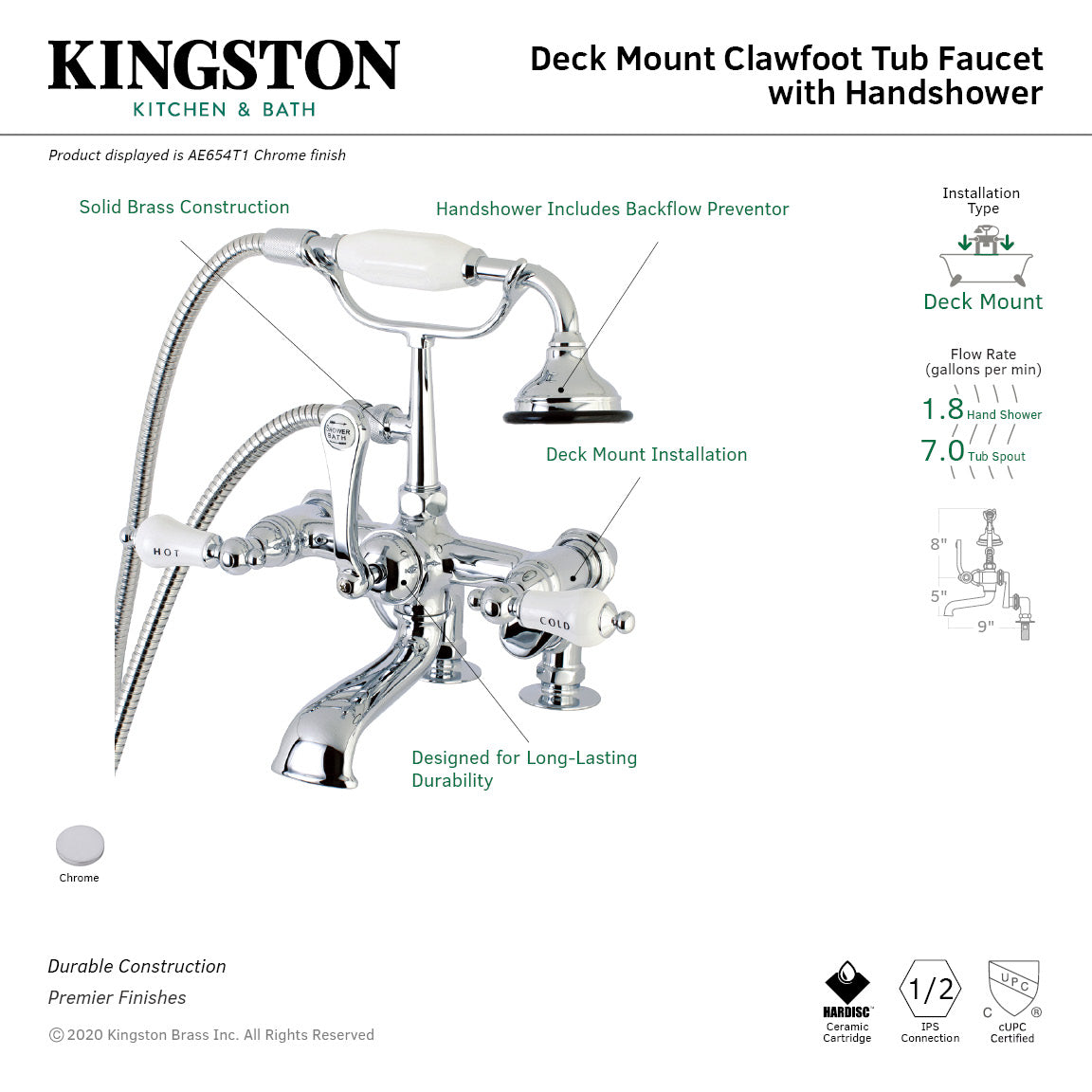 Vintage AE654T1 Three-Handle 2-Hole Deck Mount Clawfoot Tub Faucet with Hand Shower, Polished Chrome