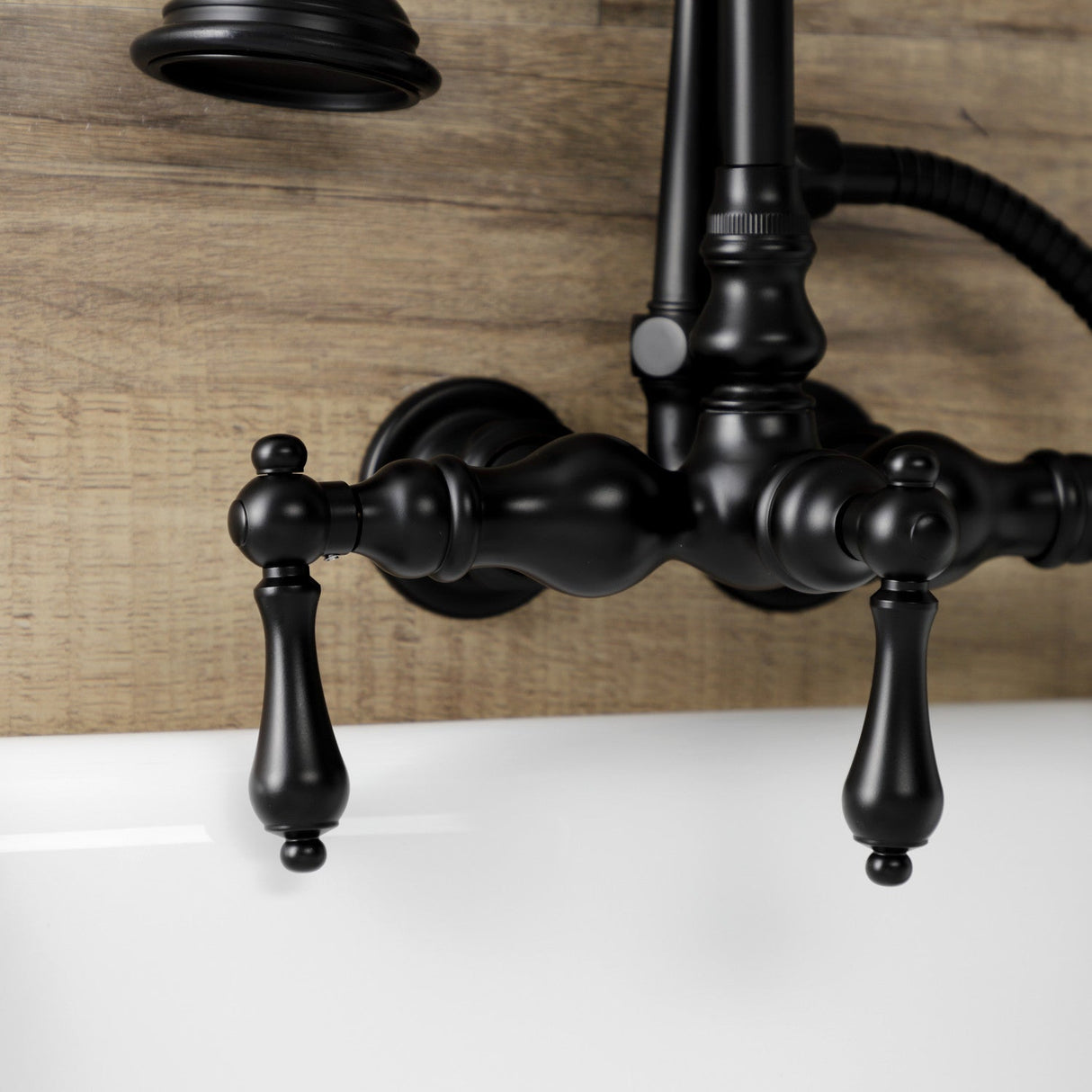 Aqua Vintage AE7T0 Three-Handle 2-Hole Tub Wall Mount Clawfoot Tub Faucet with Hand Shower, Matte Black