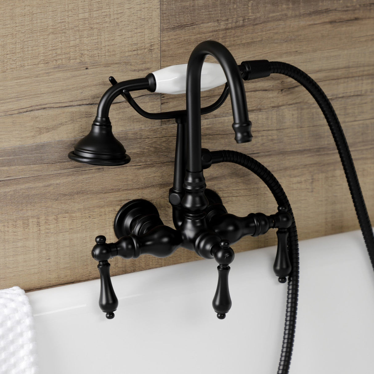 Aqua Vintage AE7T0 Three-Handle 2-Hole Tub Wall Mount Clawfoot Tub Faucet with Hand Shower, Matte Black