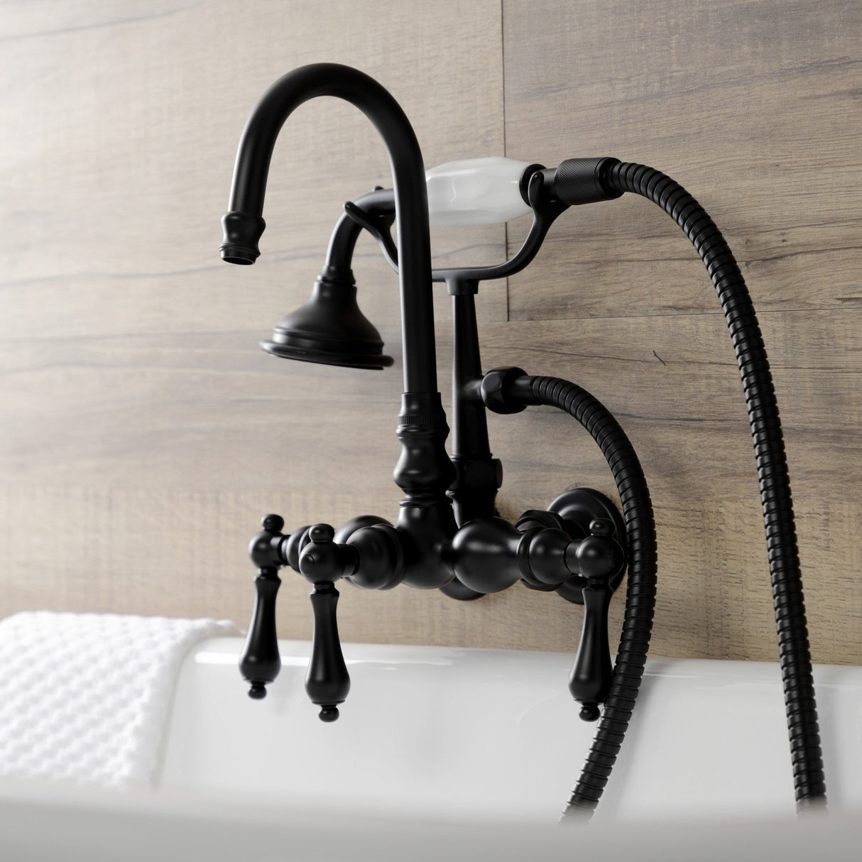 Aqua Vintage AE7T0 Three-Handle 2-Hole Tub Wall Mount Clawfoot Tub Faucet with Hand Shower, Matte Black