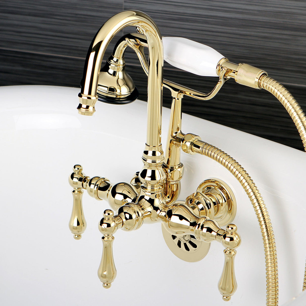Aqua Vintage AE7T2 Three-Handle 2-Hole Tub Wall Mount Clawfoot Tub Faucet with Hand Shower, Polished Brass