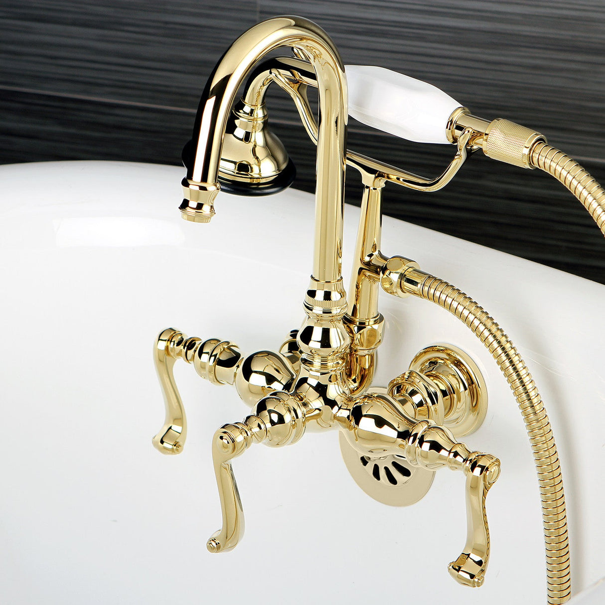 Royale AE7T2FL Three-Handle 2-Hole Tub Wall Mount Clawfoot Tub Faucet with Hand Shower, Polished Brass