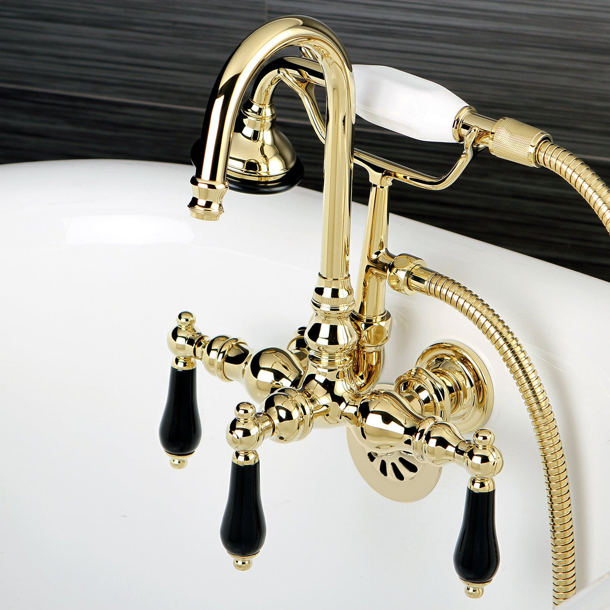 Duchess AE7T2PKL Three-Handle 2-Hole Tub Wall Mount Clawfoot Tub Faucet with Hand Shower, Polished Brass