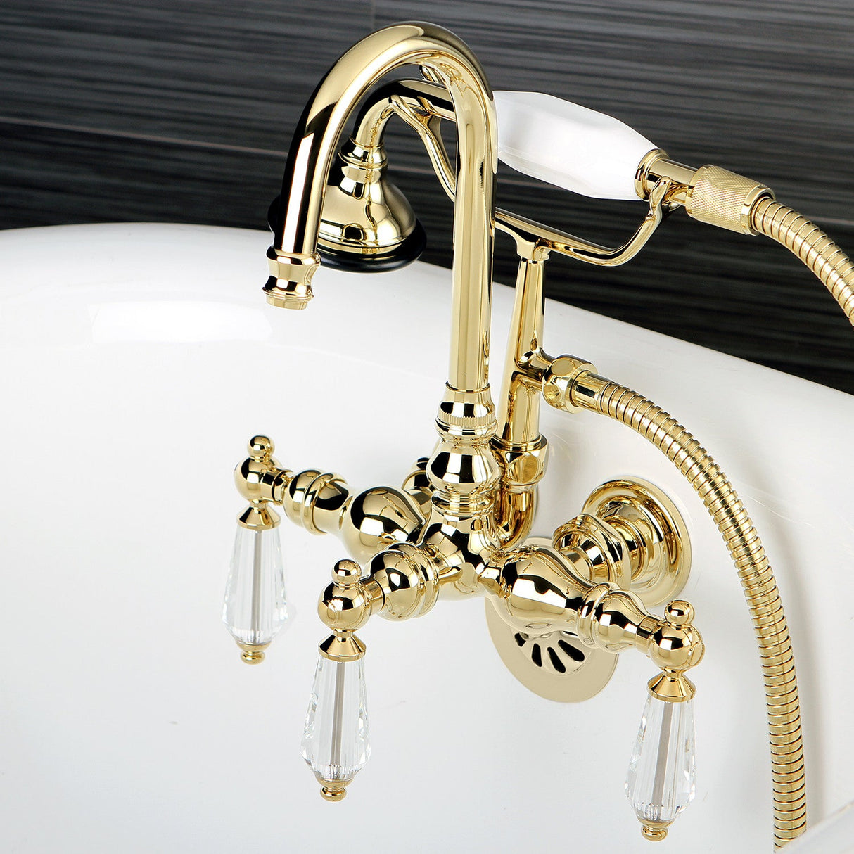 Wilshire AE7T2WLL Three-Handle 2-Hole Tub Wall Mount Clawfoot Tub Faucet with Hand Shower, Polished Brass