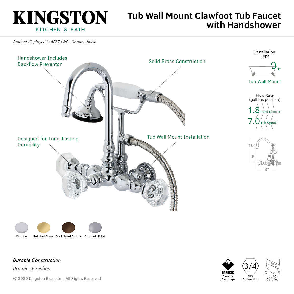 Celebrity AE7T5WCL Three-Handle 2-Hole Tub Wall Mount Clawfoot Tub Faucet with Hand Shower, Oil Rubbed Bronze