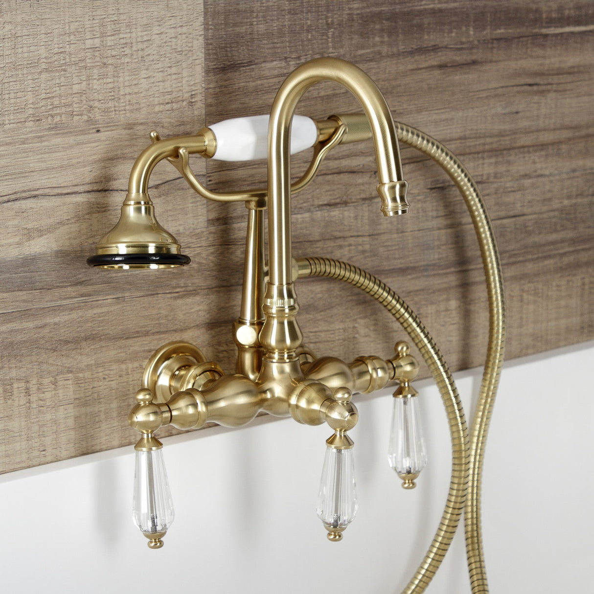 Wilshire AE7T7WLL Three-Handle 2-Hole Tub Wall Mount Clawfoot Tub Faucet with Hand Shower, Brushed Brass