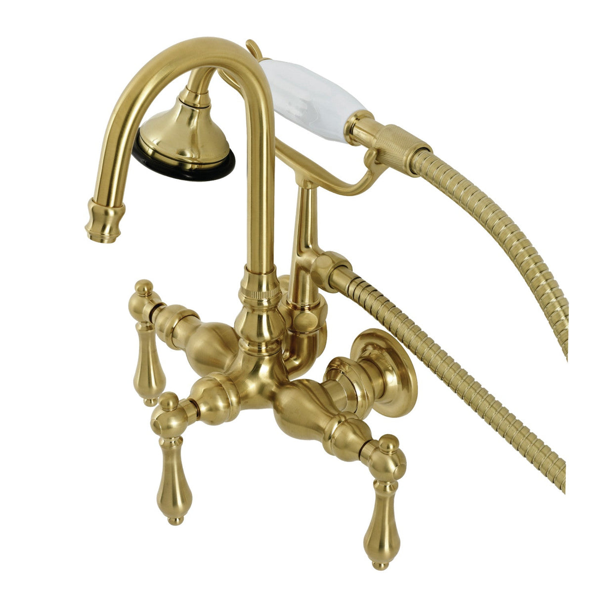 Aqua Vintage AE7T7 Three-Handle 2-Hole Tub Wall Mount Clawfoot Tub Faucet with Hand Shower, Brushed Brass