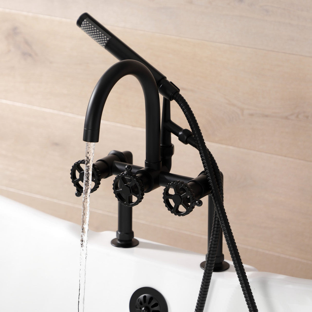 Fuller AE8100CG Three-Handle 2-Hole Deck Mount Clawfoot Tub Faucet with Hand Shower, Matte Black