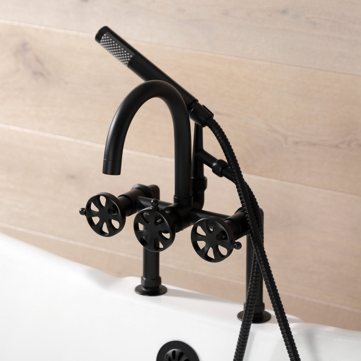 Belknap AE8100RX Three-Handle 2-Hole Deck Mount Clawfoot Tub Faucet with Hand Shower, Matte Black