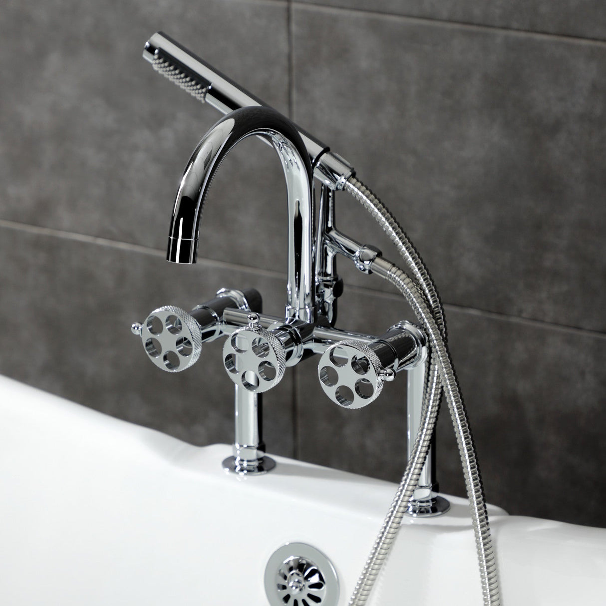 Webb AE8101RKX Three-Handle 2-Hole Deck Mount Clawfoot Tub Faucet with Knurled Handle and Hand Shower, Polished Chrome