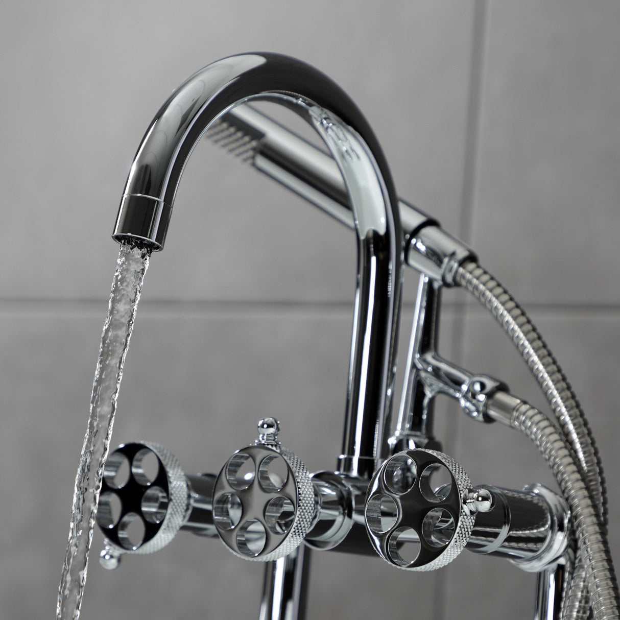 Webb AE8101RKX Three-Handle 2-Hole Deck Mount Clawfoot Tub Faucet with Knurled Handle and Hand Shower, Polished Chrome