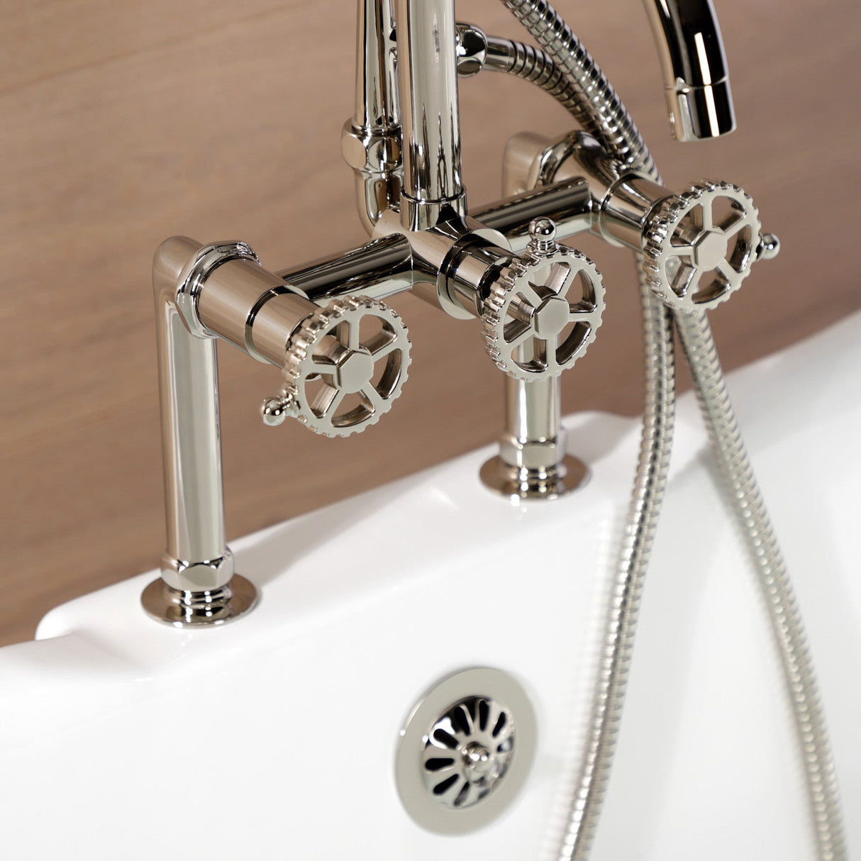Fuller AE8106CG Three-Handle 2-Hole Deck Mount Clawfoot Tub Faucet with Hand Shower, Polished Nickel