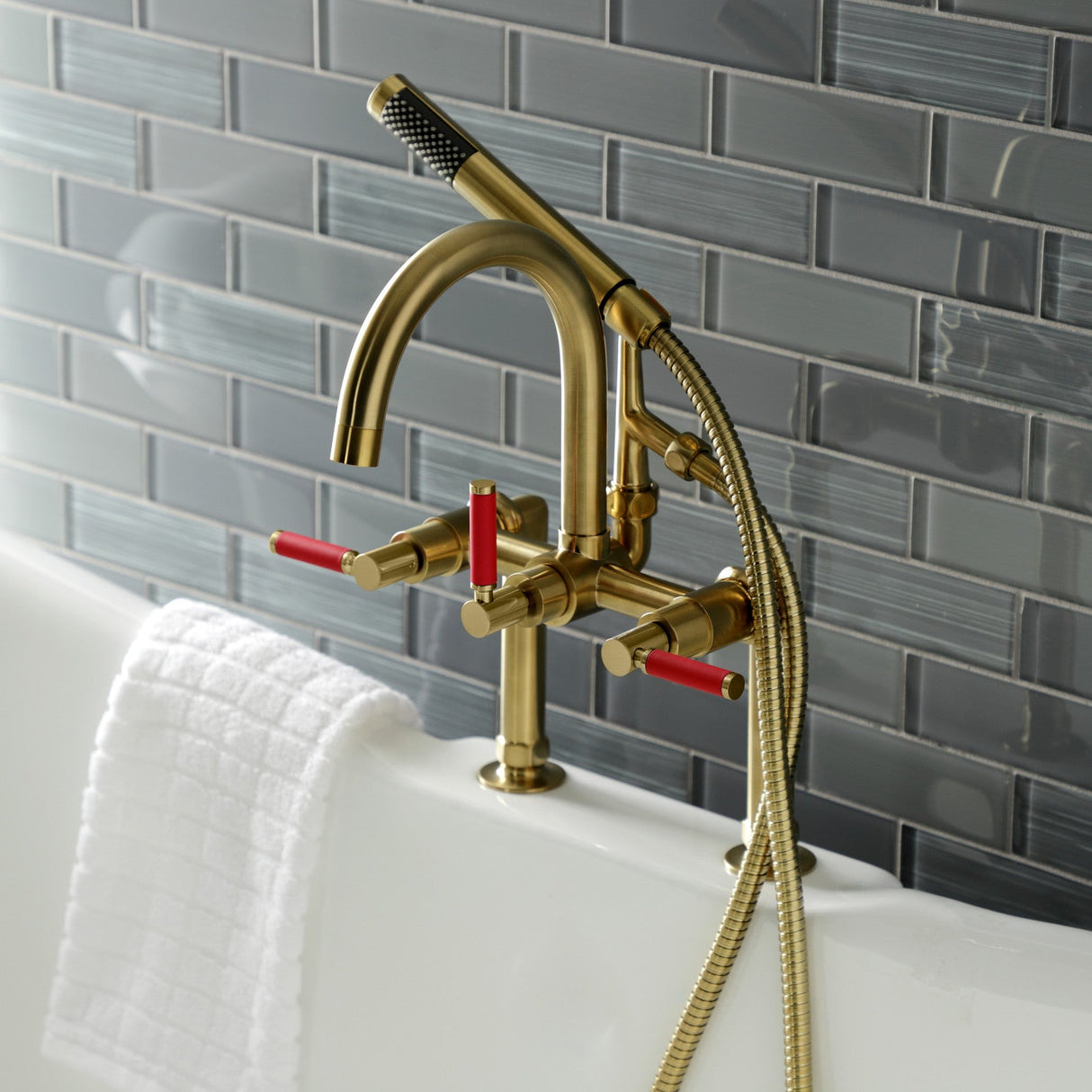 Kaiser AE8107DKL Three-Handle 2-Hole Deck Mount Clawfoot Tub Faucet with Hand Shower, Brushed Brass