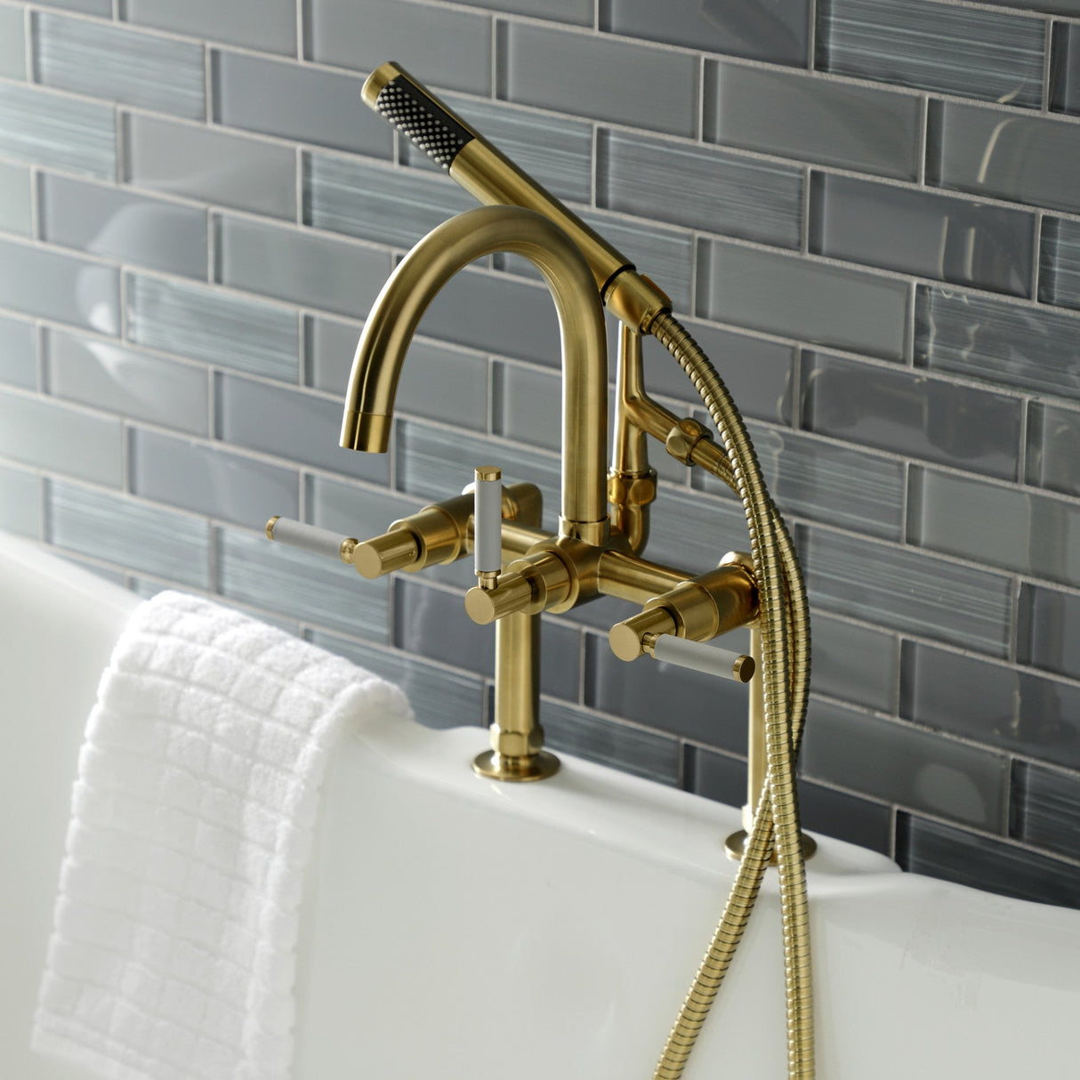 Kaiser AE8107DKL Three-Handle 2-Hole Deck Mount Clawfoot Tub Faucet with Hand Shower, Brushed Brass