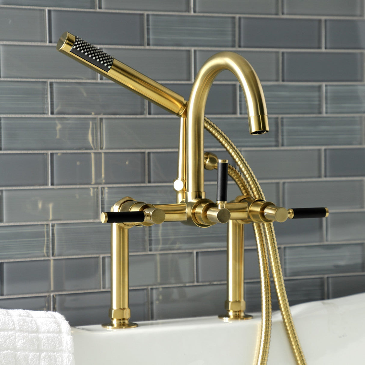 Kaiser AE8107DKL Three-Handle 2-Hole Deck Mount Clawfoot Tub Faucet with Hand Shower, Brushed Brass
