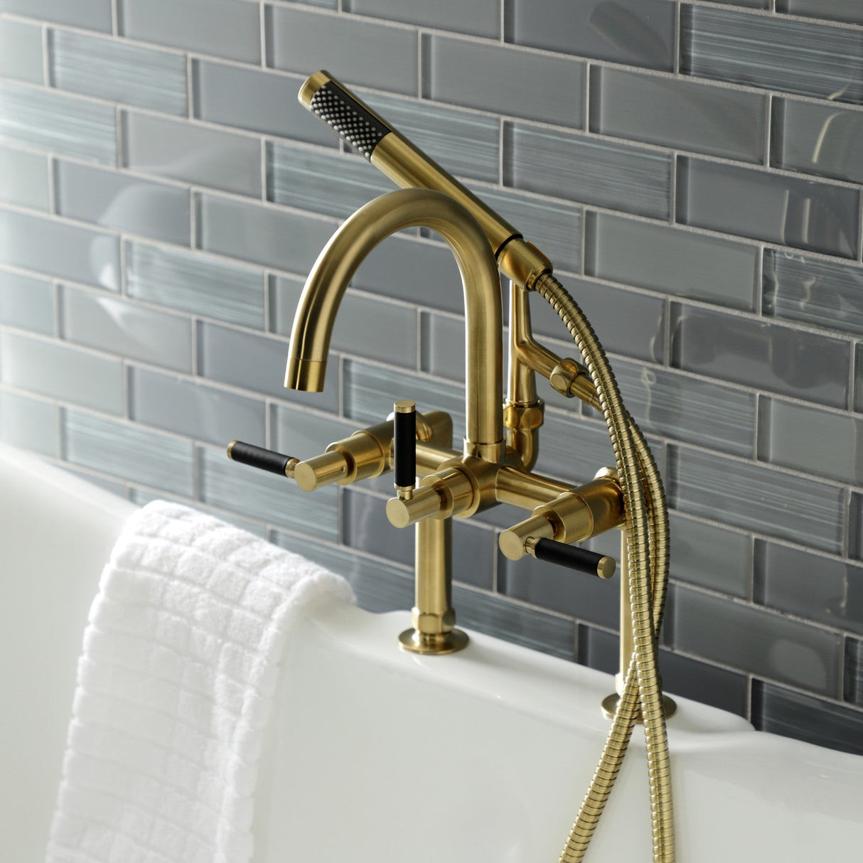 Kaiser AE8107DKL Three-Handle 2-Hole Deck Mount Clawfoot Tub Faucet with Hand Shower, Brushed Brass