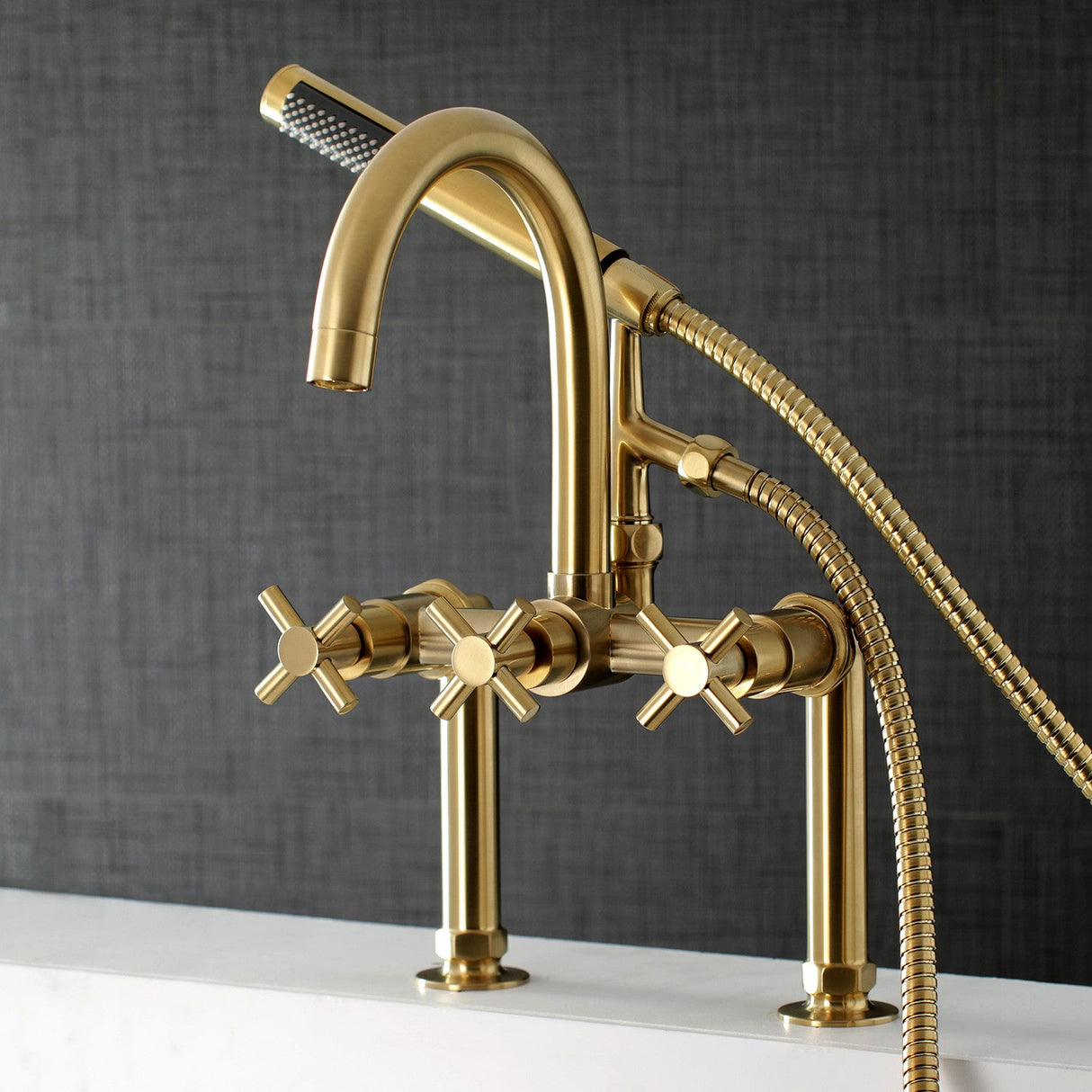 Concord AE8107DX Three-Handle 2-Hole Deck Mount Clawfoot Tub Faucet with Hand Shower, Brushed Brass