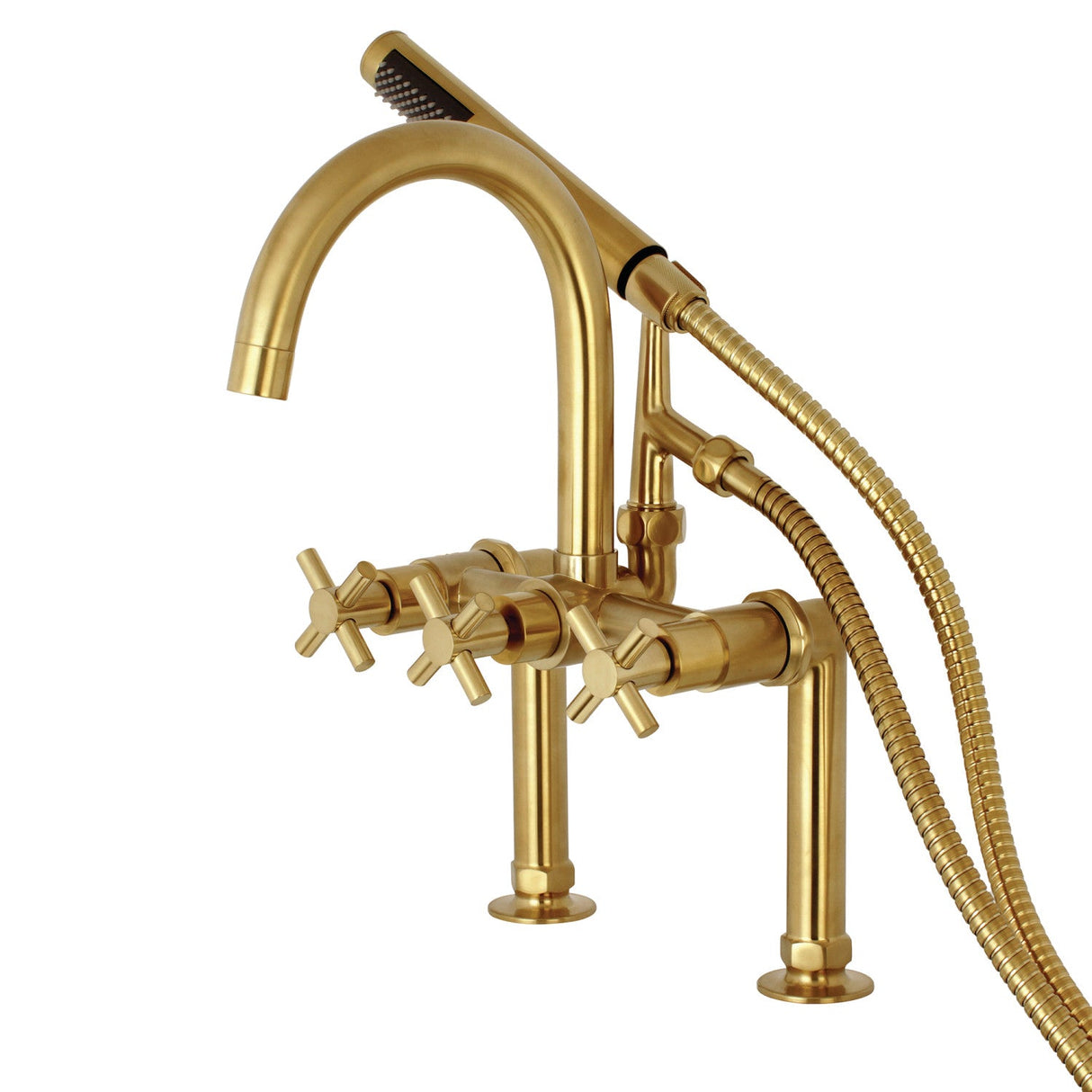 Concord AE8107DX Three-Handle 2-Hole Deck Mount Clawfoot Tub Faucet with Hand Shower, Brushed Brass