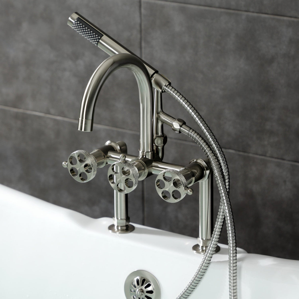 Webb AE8108RKX Three-Handle 2-Hole Deck Mount Clawfoot Tub Faucet with Knurled Handle and Hand Shower, Brushed Nickel