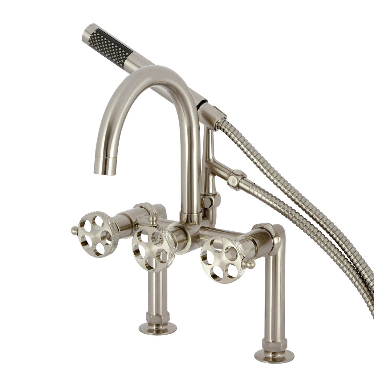 Webb AE8108RKX Three-Handle 2-Hole Deck Mount Clawfoot Tub Faucet with Knurled Handle and Hand Shower, Brushed Nickel