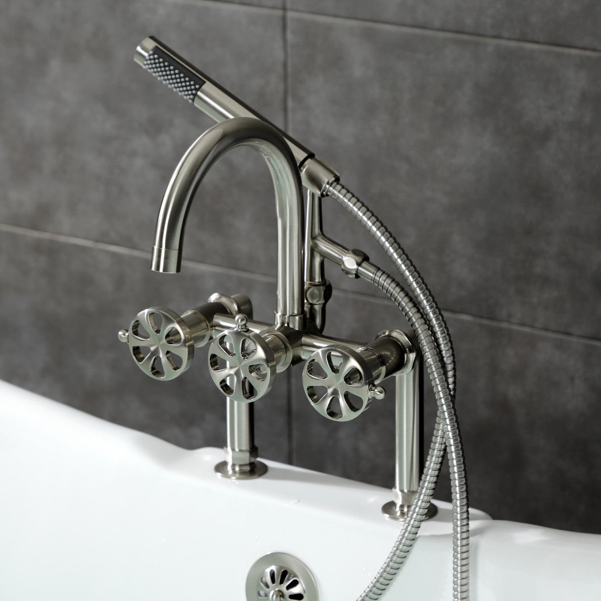 Belknap AE8108RX Three-Handle 2-Hole Deck Mount Clawfoot Tub Faucet with Hand Shower, Brushed Nickel