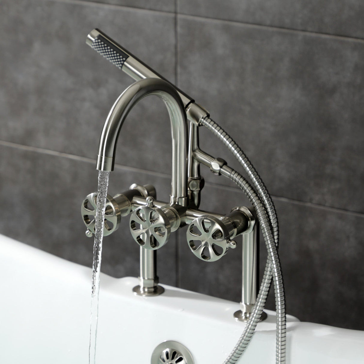 Belknap AE8108RX Three-Handle 2-Hole Deck Mount Clawfoot Tub Faucet with Hand Shower, Brushed Nickel