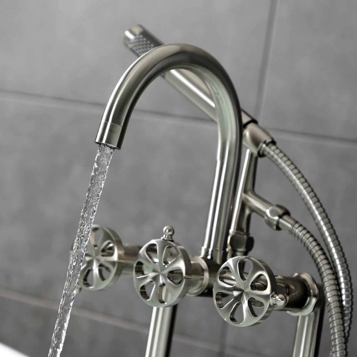 Belknap AE8108RX Three-Handle 2-Hole Deck Mount Clawfoot Tub Faucet with Hand Shower, Brushed Nickel