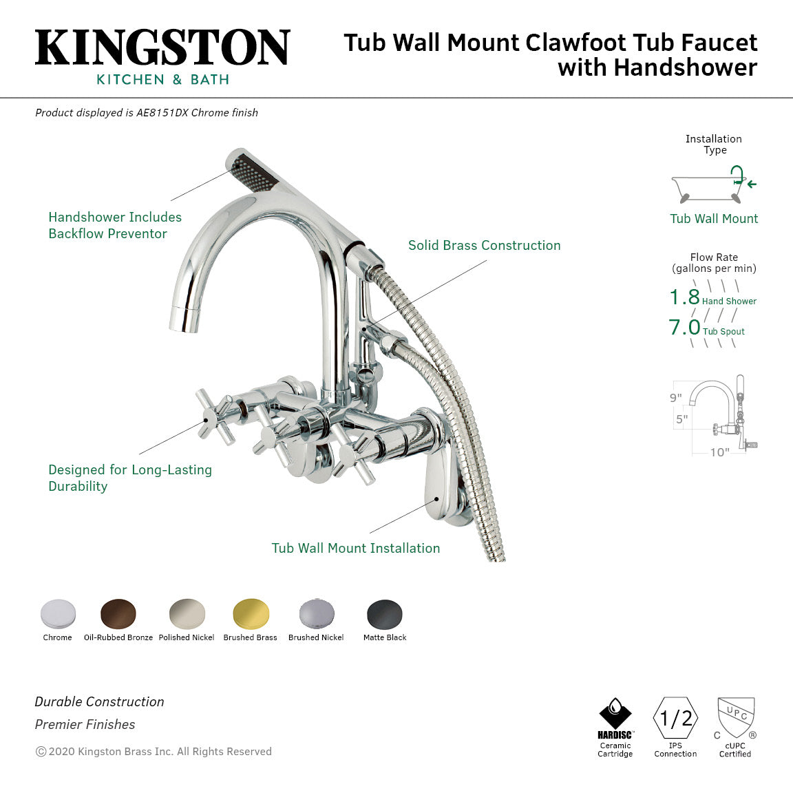 Concord AE8150DX Three-Handle 2-Hole Tub Wall Mount Clawfoot Tub Faucet with Hand Shower, Matte Black