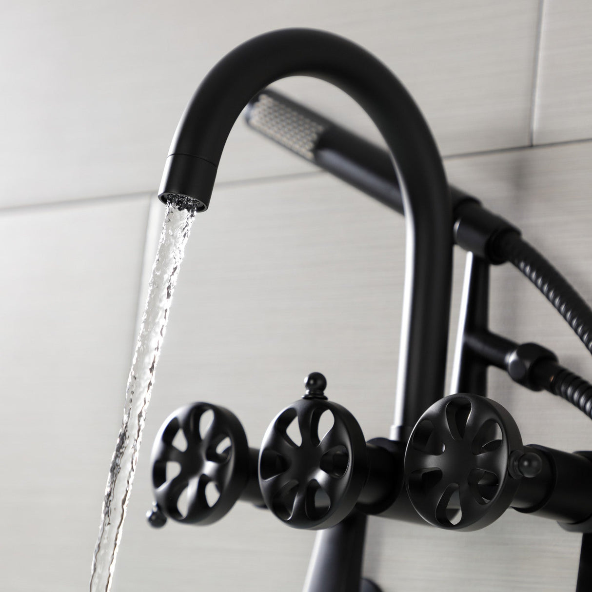 Belknap AE8150RX Three-Handle 2-Hole Tub Wall Mount Clawfoot Tub Faucet with Hand Shower, Matte Black