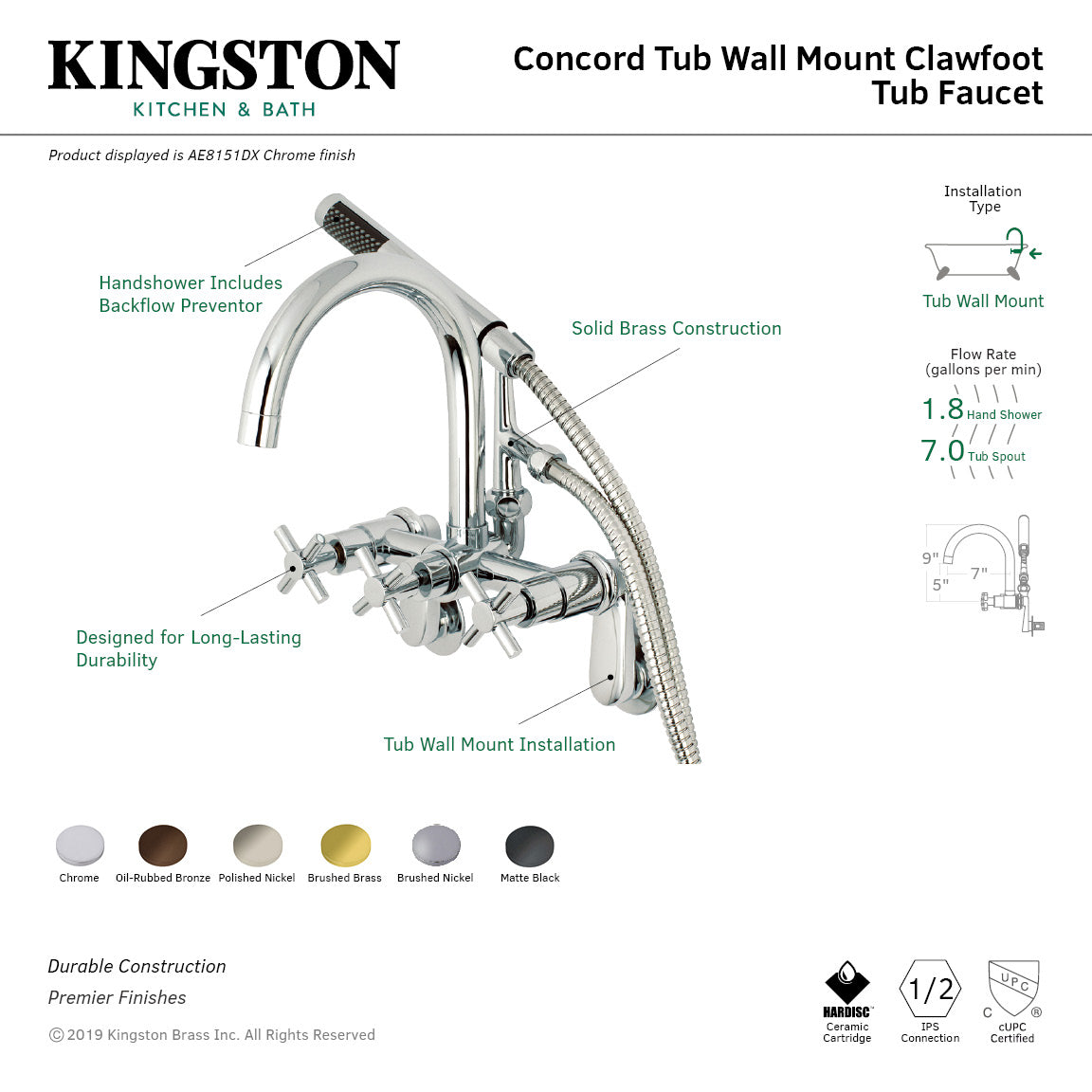 Concord AE8151DX Three-Handle 2-Hole Tub Wall Mount Clawfoot Tub Faucet with Hand Shower, Polished Chrome