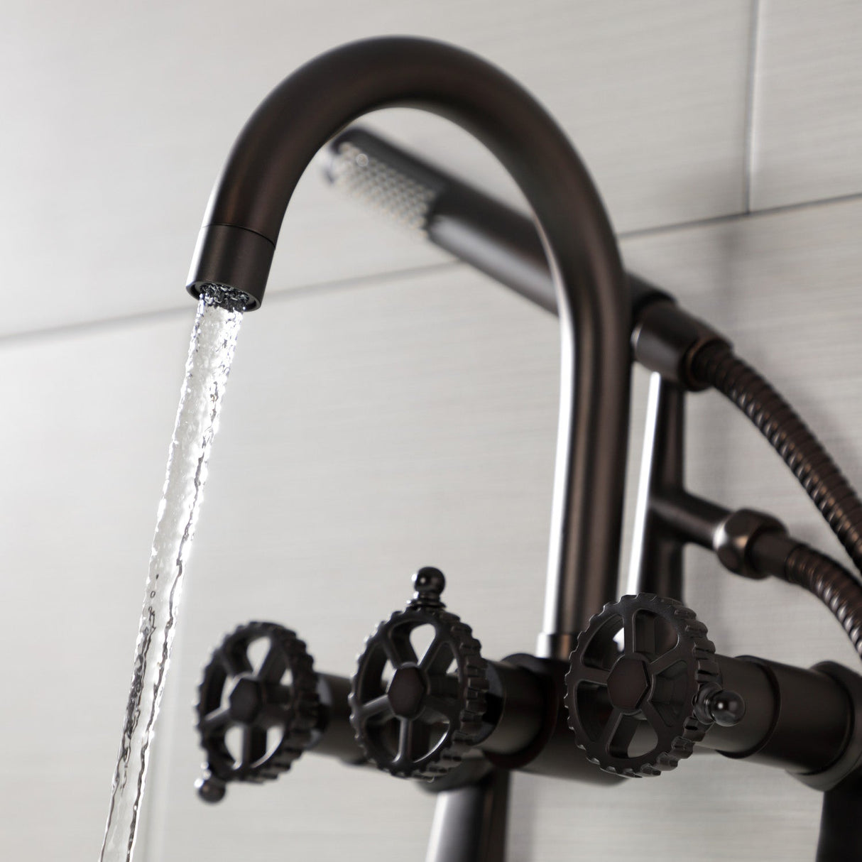 Fuller AE8155CG Three-Handle 2-Hole Tub Wall Mount Clawfoot Tub Faucet with Hand Shower, Oil Rubbed Bronze