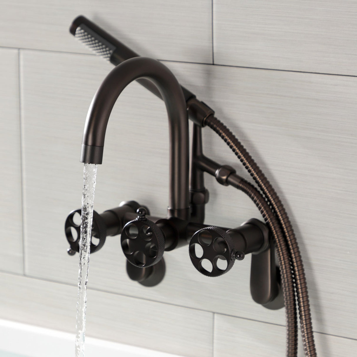 Webb AE8155RKX Three-Handle 2-Hole Adjustable Wall Mount Clawfoot Tub Faucet with Knurled Handle and Hand Shower, Oil Rubbed Bronze