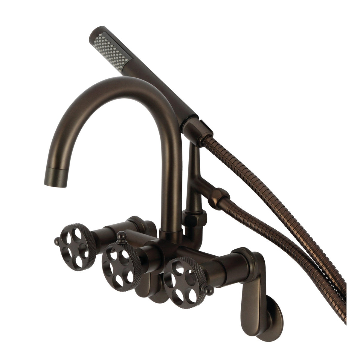 Webb AE8155RKX Three-Handle 2-Hole Adjustable Wall Mount Clawfoot Tub Faucet with Knurled Handle and Hand Shower, Oil Rubbed Bronze