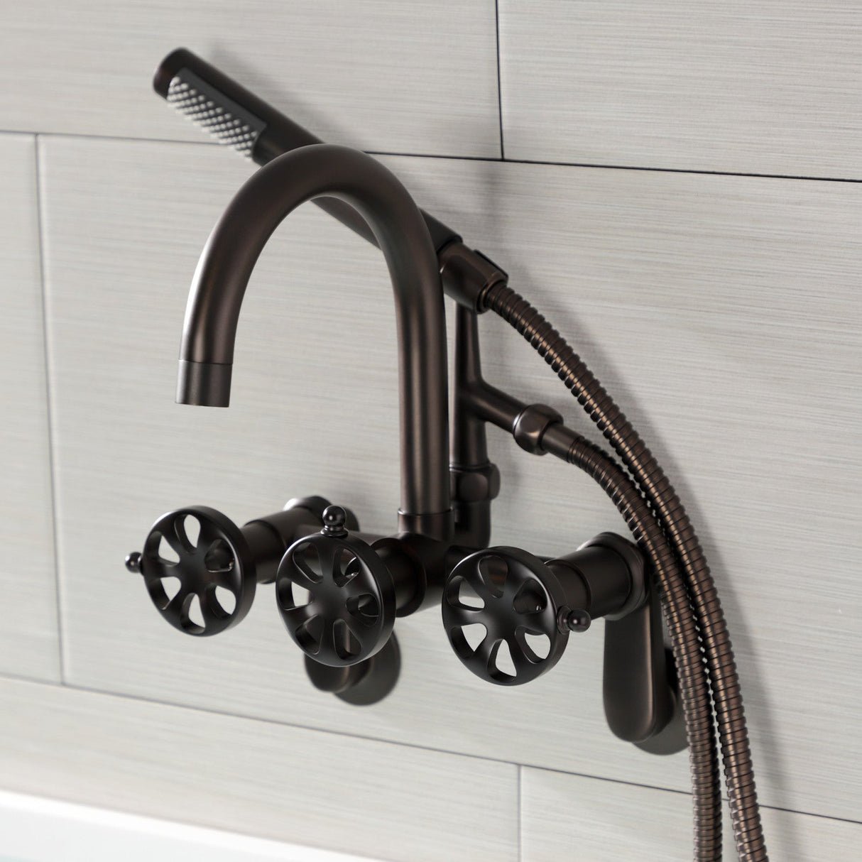 Belknap AE8155RX Three-Handle 2-Hole Tub Wall Mount Clawfoot Tub Faucet with Hand Shower, Oil Rubbed Bronze