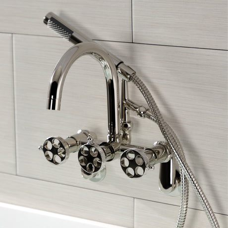 Webb AE8156RKX Three-Handle 2-Hole Adjustable Wall Mount Clawfoot Tub Faucet with Knurled Handle and Hand Shower, Polished Nickel