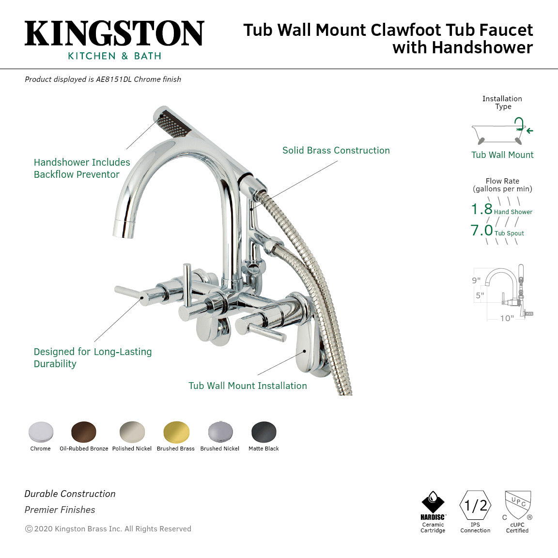 Concord AE8157DL Three-Handle 2-Hole Tub Wall Mount Clawfoot Tub Faucet with Hand Shower, Brushed Brass